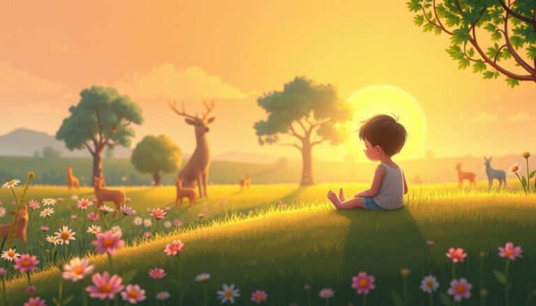 A child sitting peacefully in a meadow at sunset