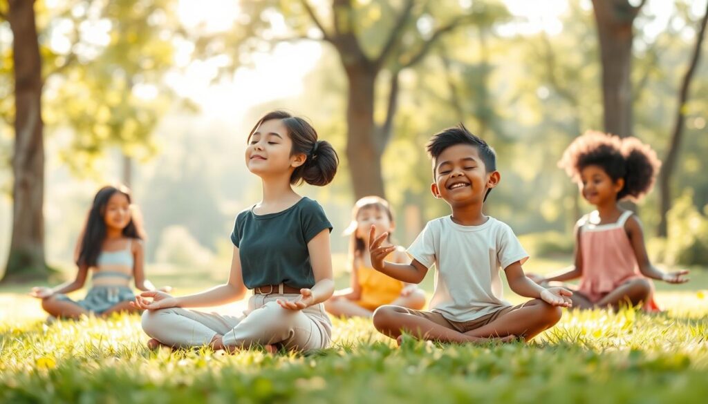 A serene scene of inner child healing meditation, depicting a diverse group of individuals sitting cross-legged on soft grass, engaged in a gentle meditation session. In the foreground, a young adult woman in modest casual clothing closes her eyes, radiating tranquility. The middle ground features two children, a boy and a girl, joining hands and laughing, symbolizing joy and innocence. Light filters through tall, leafy trees in the background, creating dappled sunlight that enhances the peaceful atmosphere. The scene conveys warmth and nurturing, with soft pastel colors dominating the palette. The focus is softly blurred to evoke a dreamy quality, while ensuring the image is safe for work. Capture this essence with high resolution to reflect a calming and healing environment. nextself.ai